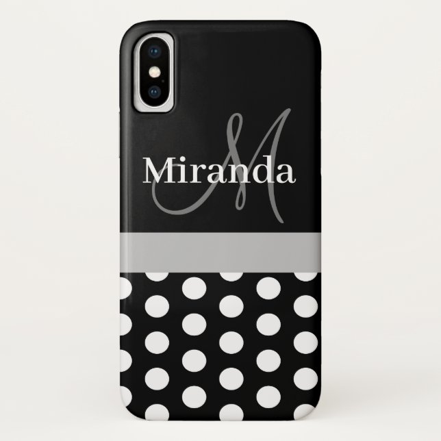 Black White Grey Monogram Script Polka Dots Case-Mate iPhone Case (Back)