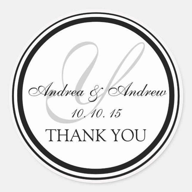 Black White Grey Monogram Y Wedding Thank You Classic Round Sticker (Front)
