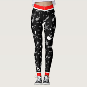 Black/White/Grey Music Notes on Black w/Red Trim Leggings