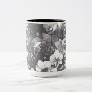 Black, White, Grey, orchid grain multi floral Two-Tone Coffee Mug