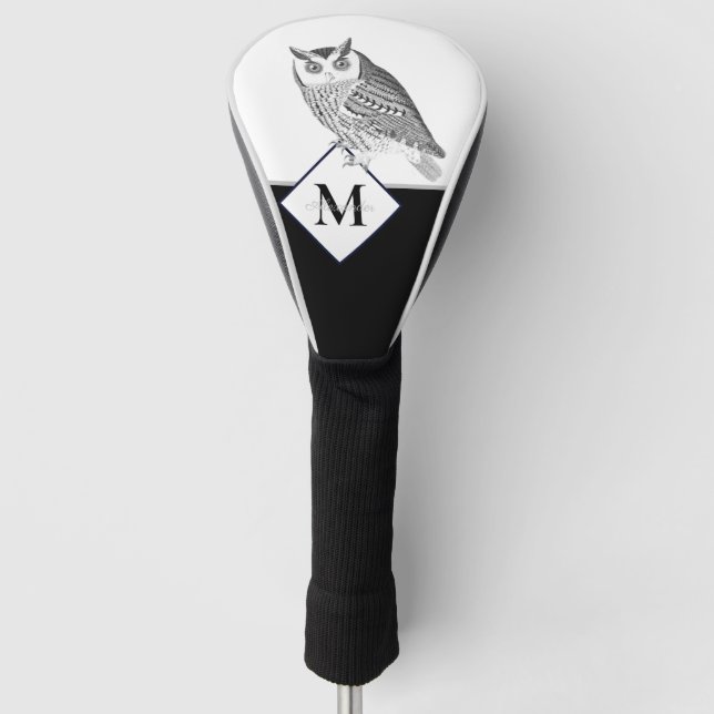 Black White Grey Owl Monogram Name Golf Head Cover (Front)