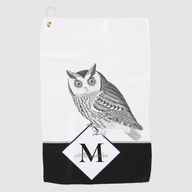 Black White Grey Owl Monogram Name  Golf Towel (Front)