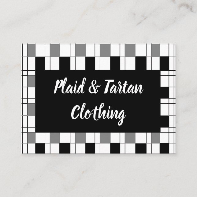Black White Grey Plaid Tartan Chequered Pattern Business Card (Front)