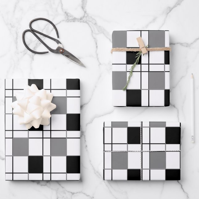 Black White Grey Plaid Tartan Chequered Pattern Wrapping Paper Sheet (Front)