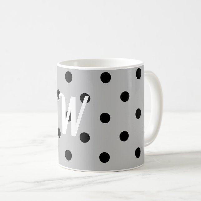Black white & grey, polka dots, monogram coffee mug (Front Right)