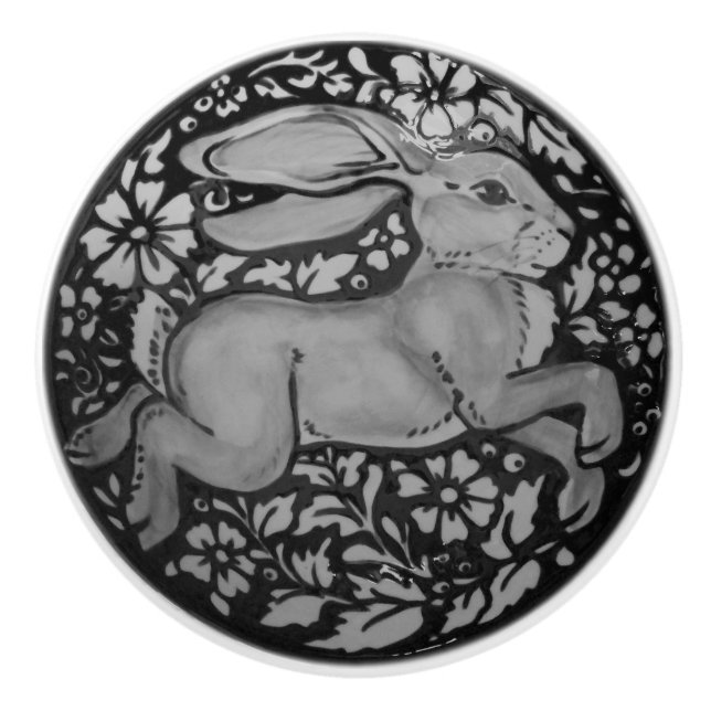 Black White Grey Rabbit Hare Drawer Pull Knob (Front)