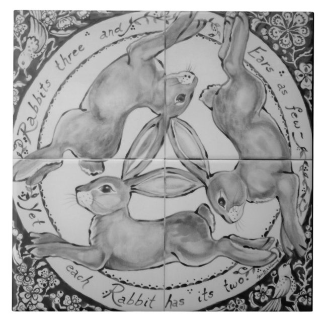 Black & White Grey Rabbit Three Hares Gift Bird Tile (Front)