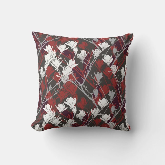 Black White Grey & Red Floral Design Cushion (Front)