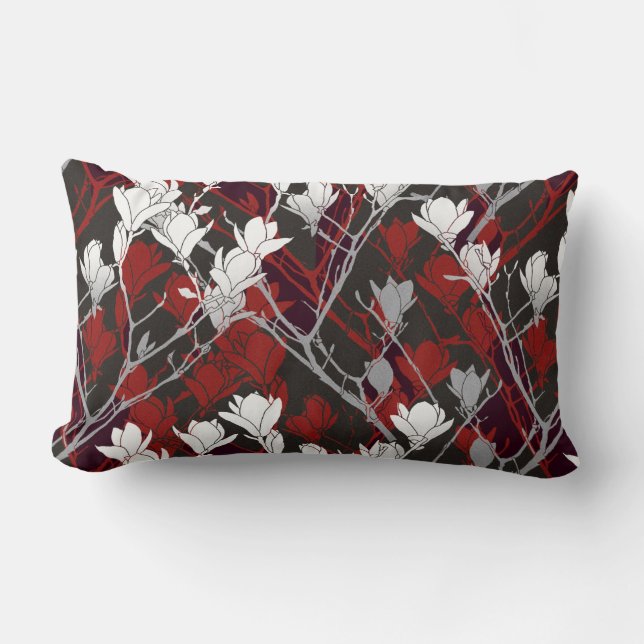 Black White Grey & Red Floral Design Lumbar Cushion (Front)