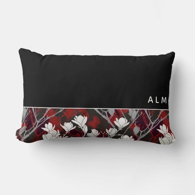 Black White Grey & Red Floral | Monogram Lumbar Cushion (Front)