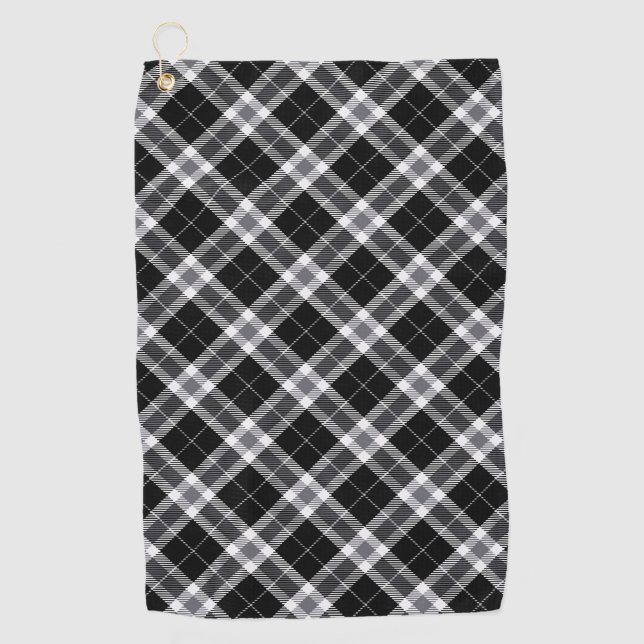 Black White & Grey Tartan Plaid Golf Towel (Front)