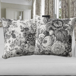 Black & White Grey Tone Vintage Floral Toile Cushion