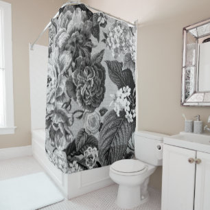 Black & White Grey Tone Vintage Floral Toile No.1 Shower Curtain