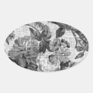Black & White Grey Tone Vintage Floral Toile No.5 Oval Sticker