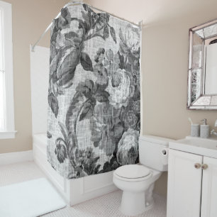 Black & White Grey Tone Vintage Floral Toile No.5 Shower Curtain