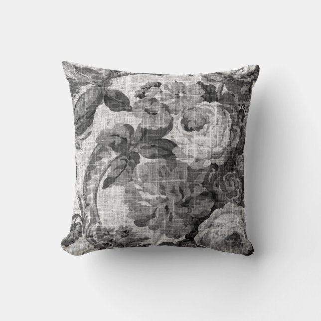 Black & White Grey Tones Floral Toile Fabric No.5 Cushion (Front)