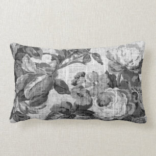 Black & White Grey Tones Floral Toile Fabric No.5 Lumbar Cushion