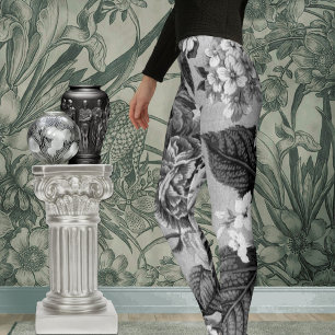 Black & White Grey Tones Vintage Floral Toile No.1 Leggings