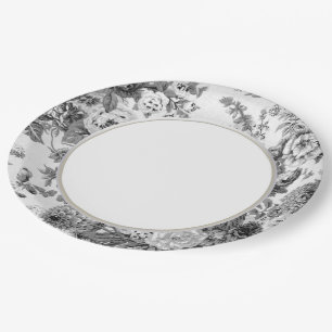 Black & White Grey Vintage Floral Toile No.3 Paper Plate