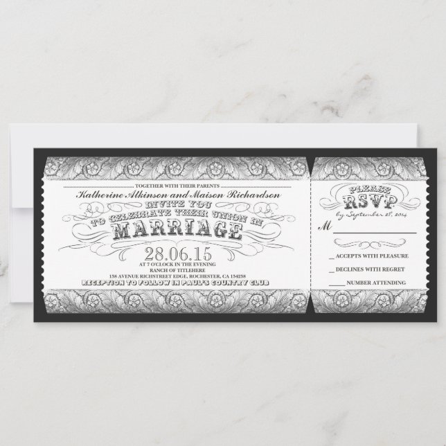 black white grey vintage wedding invitation ticket (Front)