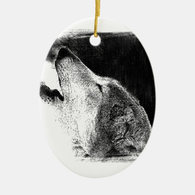 Black & White Grey Wolf Sketch Artwork Ceramic Tree Decoration (Front)