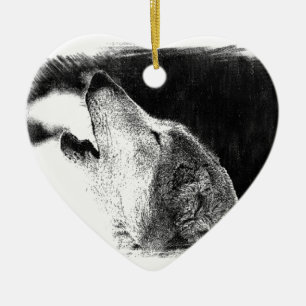 Black & White Grey Wolf Sketch Artwork Ceramic Tree Decoration