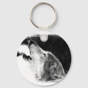 Black & White Grey Wolf Sketch Artwork Key Ring