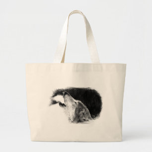 Black & White Grey Wolf Sketch Artwork Large Tote Bag