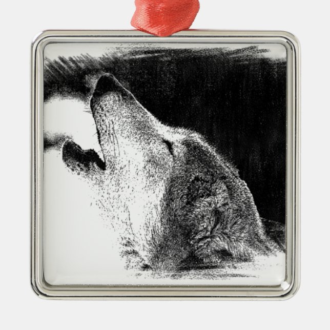 Black & White Grey Wolf Sketch Artwork Metal Tree Decoration (Front)
