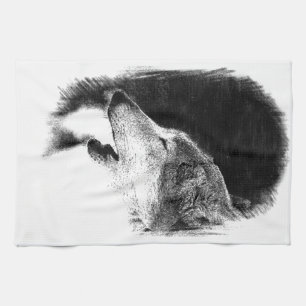 Black & White Grey Wolf Sketch Artwork Tea Towel