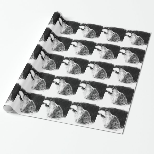 Black & White Grey Wolf Sketch Artwork Wrapping Paper (Unrolled)