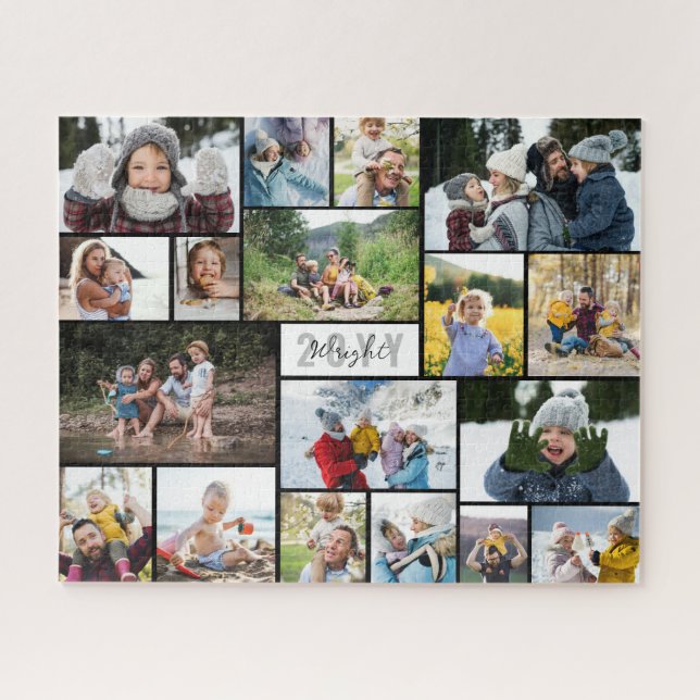 Black White Grey Year Family Name 18 Photo Collage Jigsaw Puzzle (Horizontal)