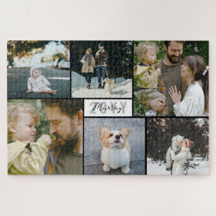 Black White Grey Year & Family Name Photo Collage Jigsaw Puzzle