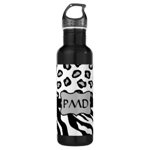 Black, White & Grey Zebra & Cheetah Skin Monogram 710 Ml Water Bottle