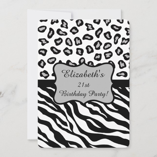 Black White Grey Zebra Leopard Skin 21st Birthday Invitation (Front)