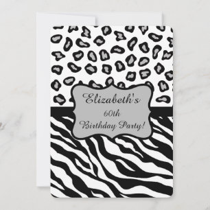 Black White Grey Zebra Leopard Skin 60th Birthday Invitation