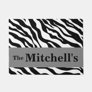 Black White Grey Zebra Skin Name Personalised Doormat