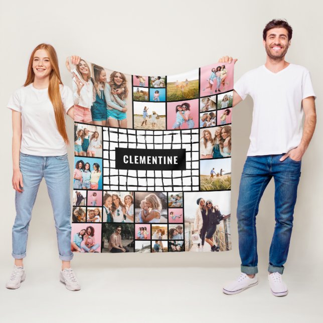 Black white grid 34 photo modern minimal stylish f fleece blanket (In Situ)