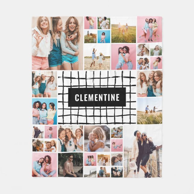 Black white grid 34 photo modern minimal stylish fleece blanket (Front)