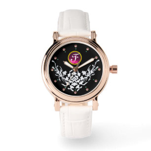 BLACK WHITE GRIFFINS AND FLOWERS GEM MONOGRAM WATCH