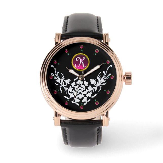 BLACK WHITE GRIFFINS AND FLOWERS GEM MONOGRAM WATCH (Front)