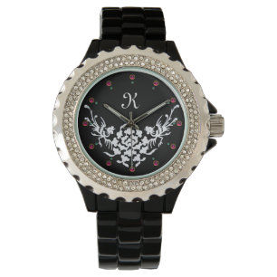 BLACK WHITE GRIFFINS AND FLOWERS  MONOGRAM WATCH
