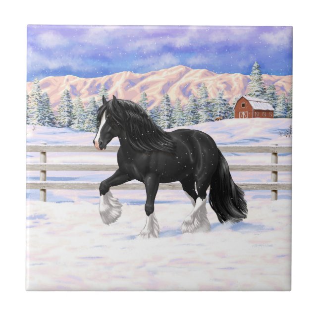 Black & White Gypsy Vanner Tinker Draught Horse Tile (Front)