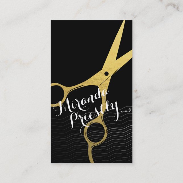 Black White Hair Pattern Gold Scissors Hairstylist Appointment Card (Front)