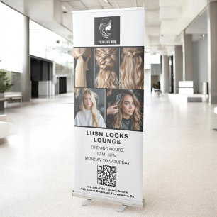Black White Hair Salon QR Code Business Logo Photo Retractable Banner