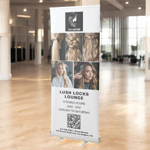 Black White Hair Salon QR Code Business Logo Photo Retractable Banner