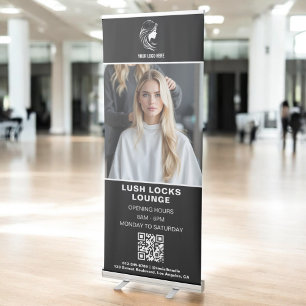 Black White Hair Salon QR Code Business Logo Photo Retractable Banner