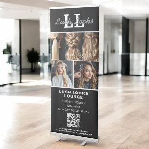Black White Hair Salon QR Code Monogram Photo Retractable Banner
