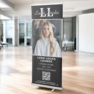 Black White Hair Salon QR Code Monogram Photo Retractable Banner