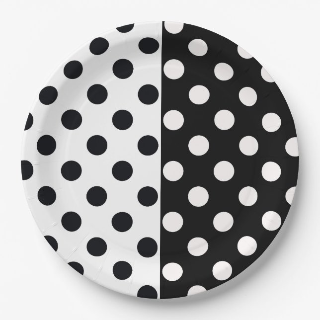 Black White Half Colour Split Inverse Polka Dots Paper Plate (Front)